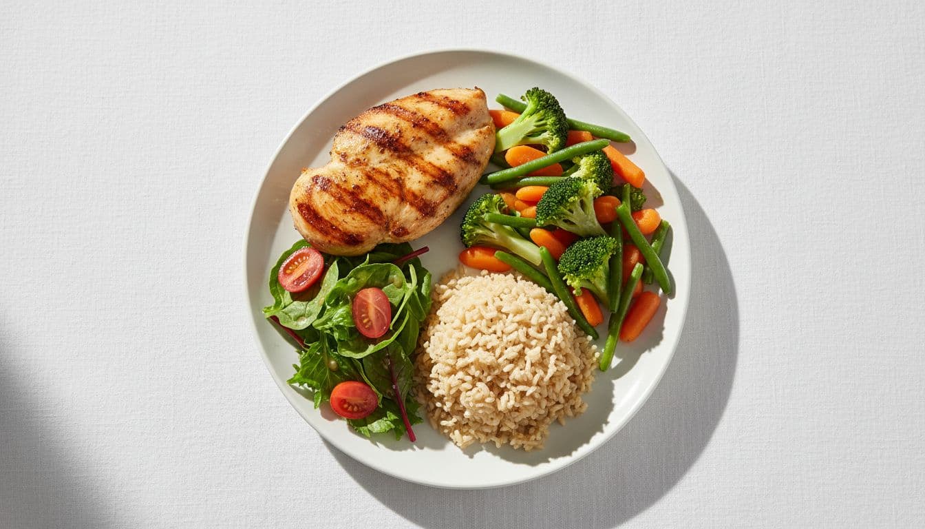 Top-view realistic photo of a simple balanced dinner plate on a white tablecloth, featuring grilled chicken breast, steamed broccoli, carrots and green beans, brown rice, and a small green salad with light dressing, in bright natural kitchen light.