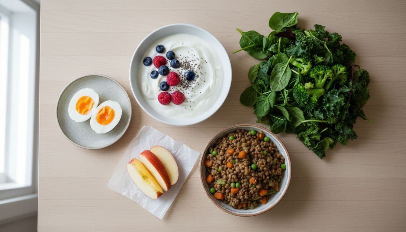 Top-down view of high satiety foods arranged on a wooden kitchen table: boiled eggs, Greek yogurt with berries, sliced apple, cooked lentils with vegetables, and mixed greens with broccoli. Photorealistic style with natural daylight lighting, emphasizing fresh textures and colors.
