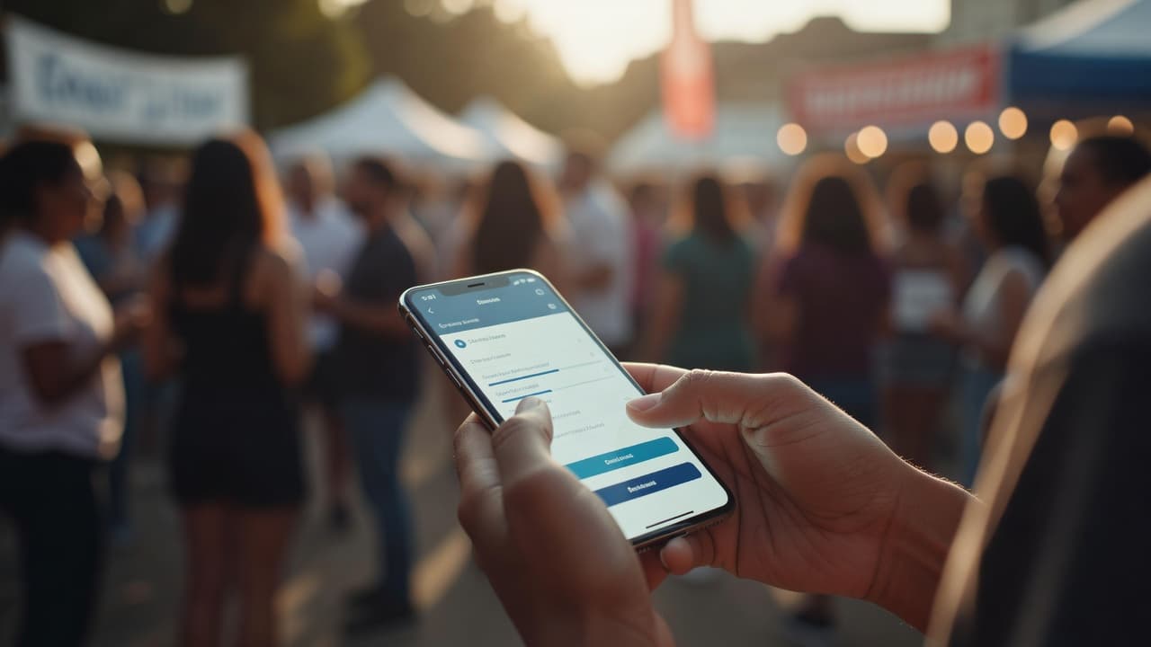 A person holds a smartphone displaying a donation interface during a vibrant outdoor community gathering. Warm sunlight illuminates the hand as they prepare to support a local cause through digital payment.