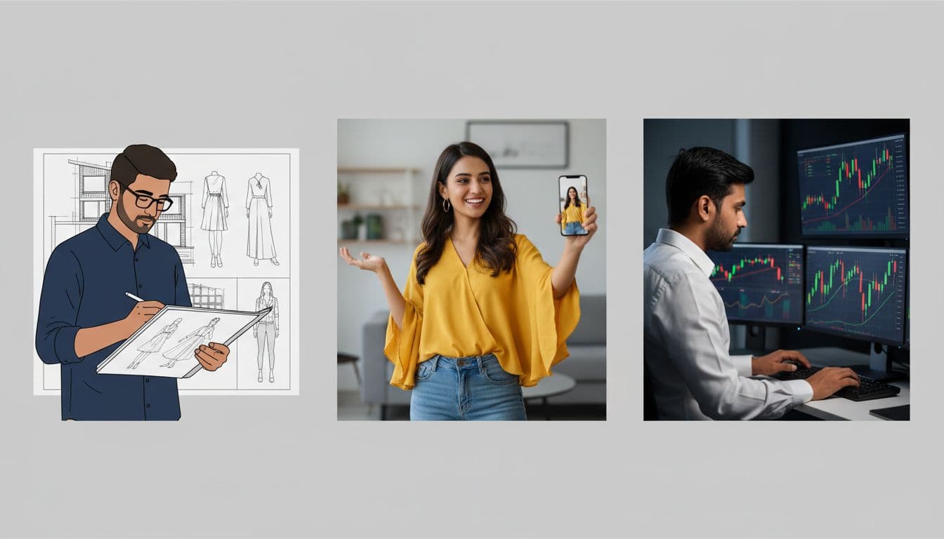 Split-screen shows Indian designer with sketchbook left, influencer viewing phone audience middle, trader eyeing charts right.