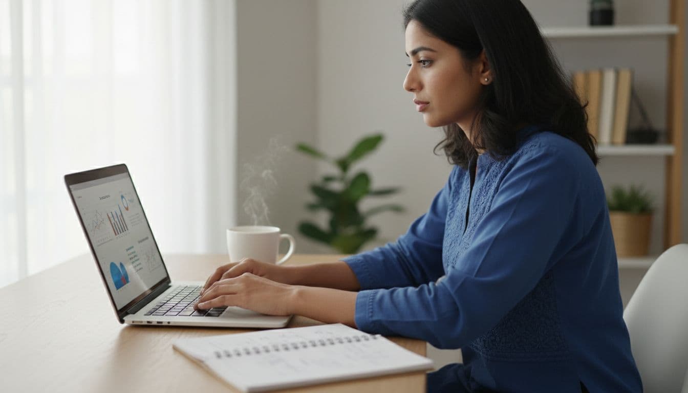 Indian freelancer works intently on laptop at modern home office desk with coffee mug and notes nearby.
