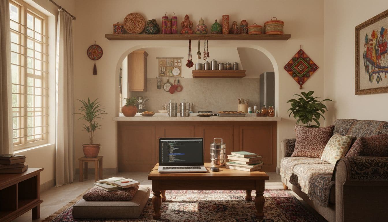 Cozy living room with laptop on table, tuition books nearby, kitchen counter holding tiffin boxes and baking tray, handmade crafts on shelf.