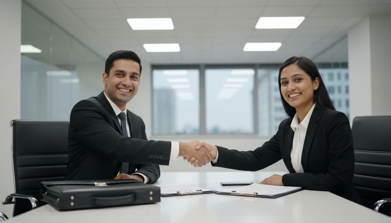Indian sales professional and client shake hands happily in bright office meeting room with briefcase and contract nearby.