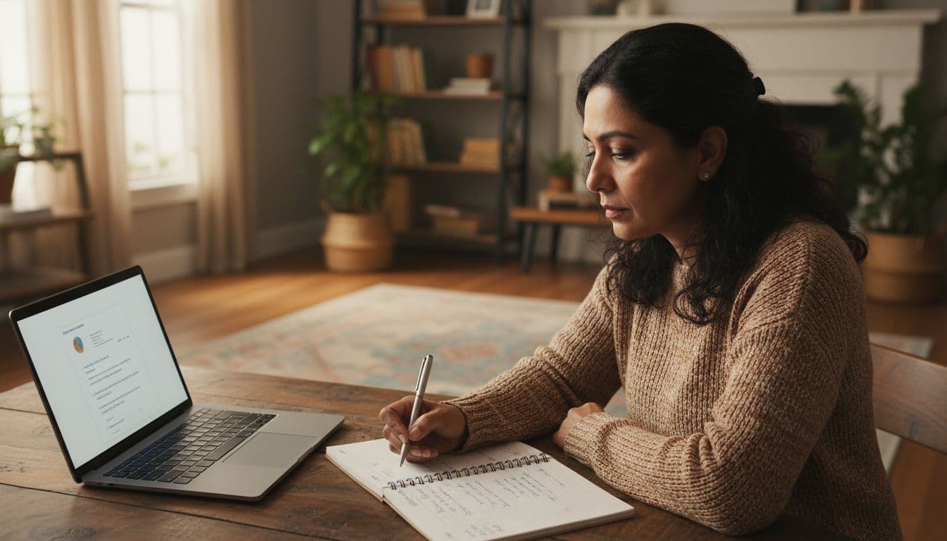Middle-aged Indian woman sits at home desk in cozy living room, writing in notebook beside laptop.