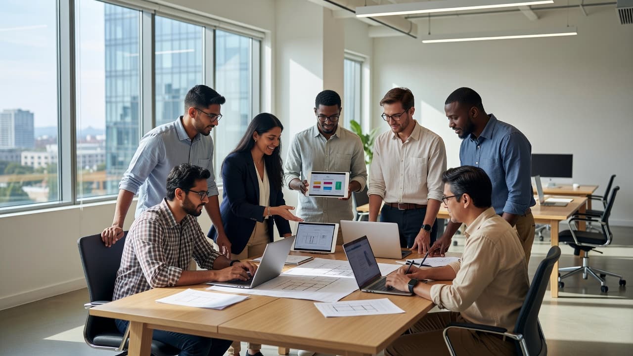 A diverse group of professionals gathers around a central table filled with strategy papers and digital tablets to plan a community project. Soft natural light fills the bright workspace environment.