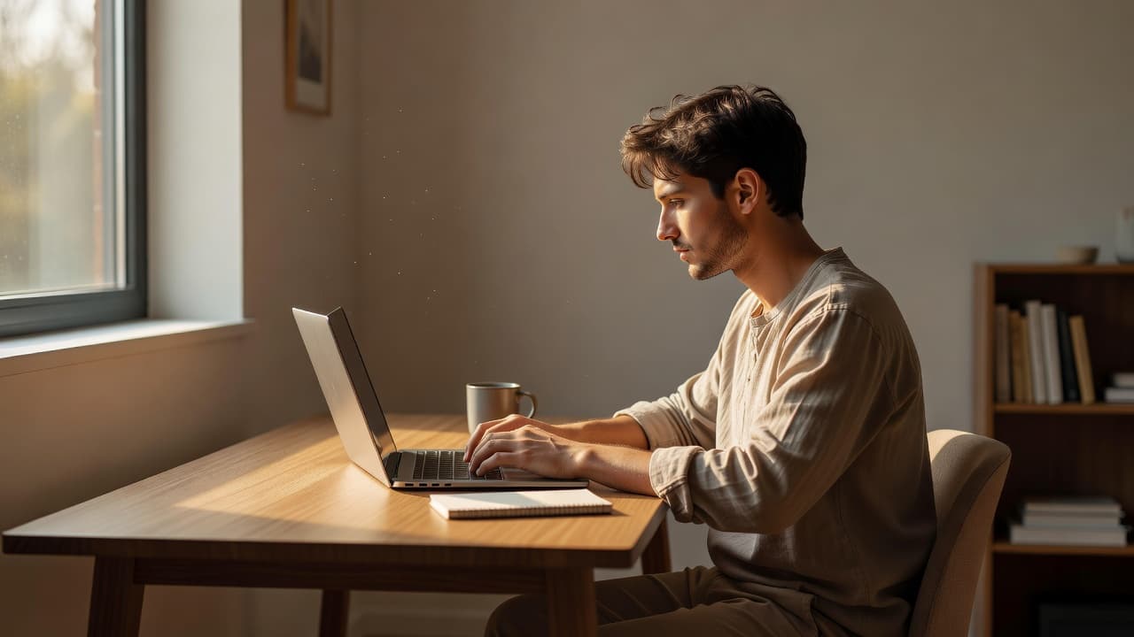 A focused individual types on a laptop at a minimalist wooden desk. Golden morning sunlight streams through a nearby window, illuminating the clean workspace and creating a calm, productive atmosphere.