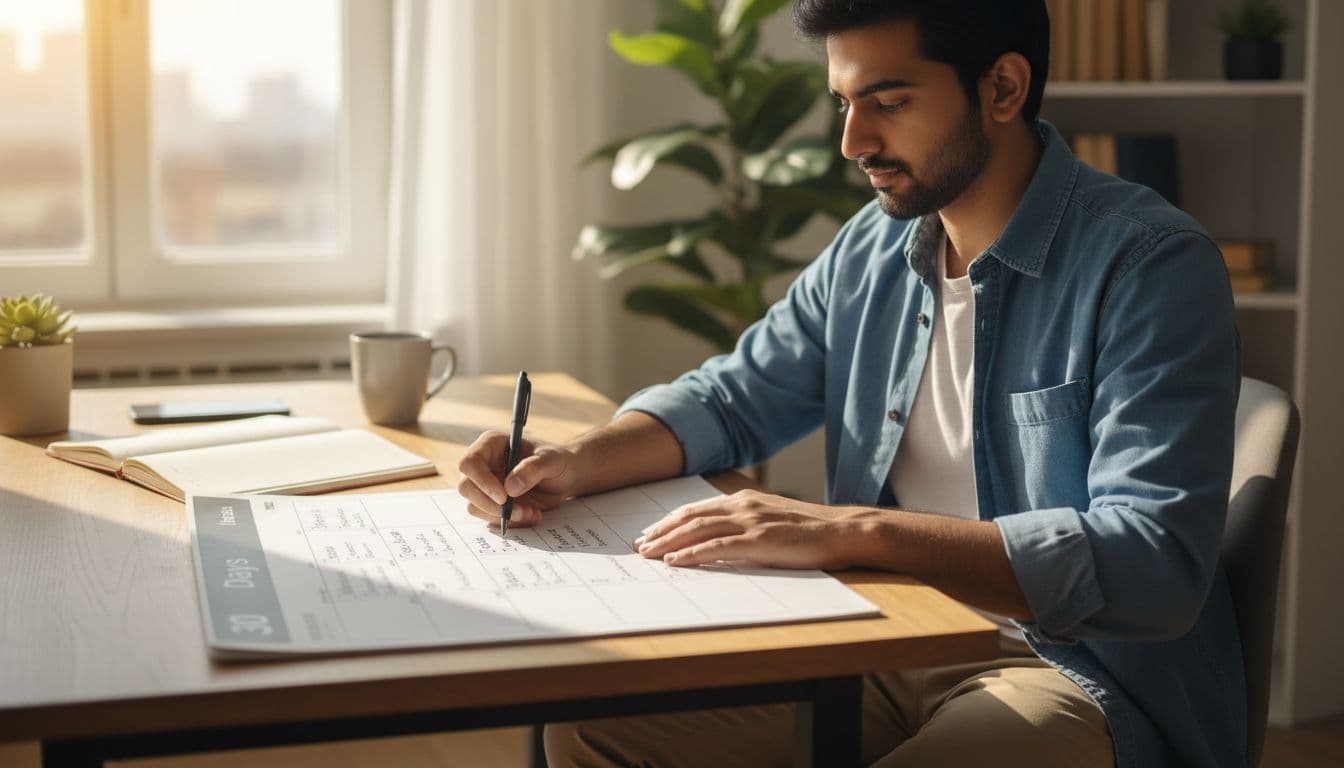 Young Indian man at home desk marks checkboxes on 30-day calendar planner for startup steps, notebook and phone nearby.