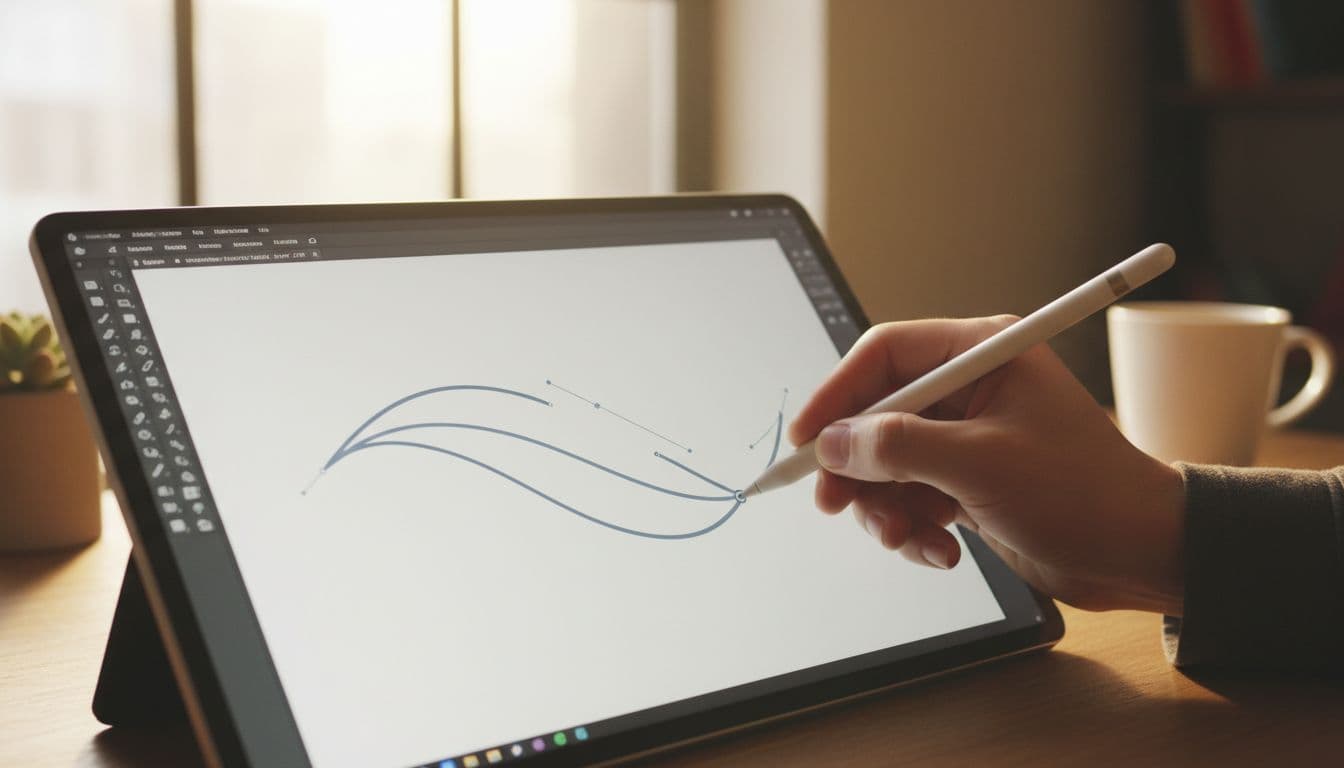 Artist's hand sketching smooth curves using digital pen tool on tablet in Adobe Illustrator, forming a simple icon path on artboard in creative studio with soft window light.