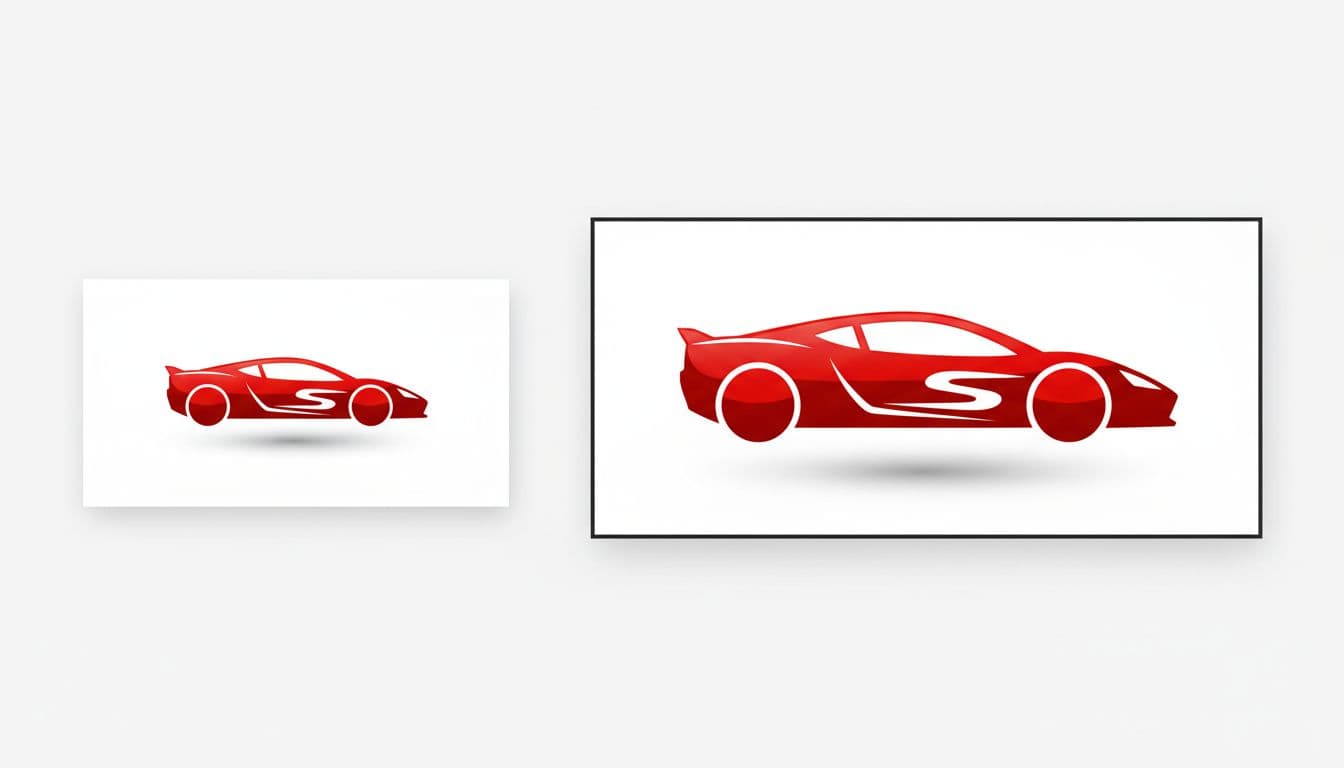 Side-by-side before-and-after comparison of a simple red sports car logo scaling seamlessly from tiny business card size to massive billboard size without pixelation or blur. Vector art style with clean sharp lines on a plain white background.