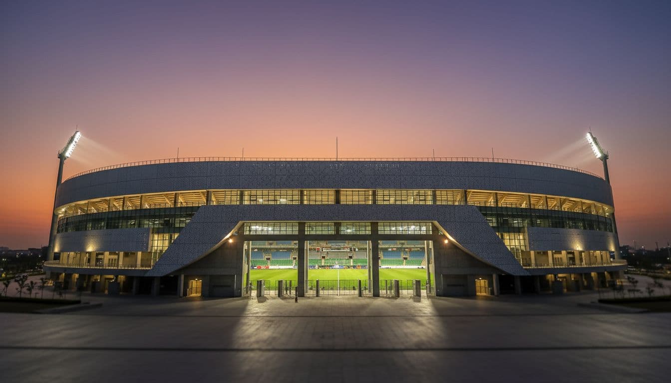 Modern stadium exterior at dusk with floodlights illuminating facade and gates, green soccer field visible through openings.