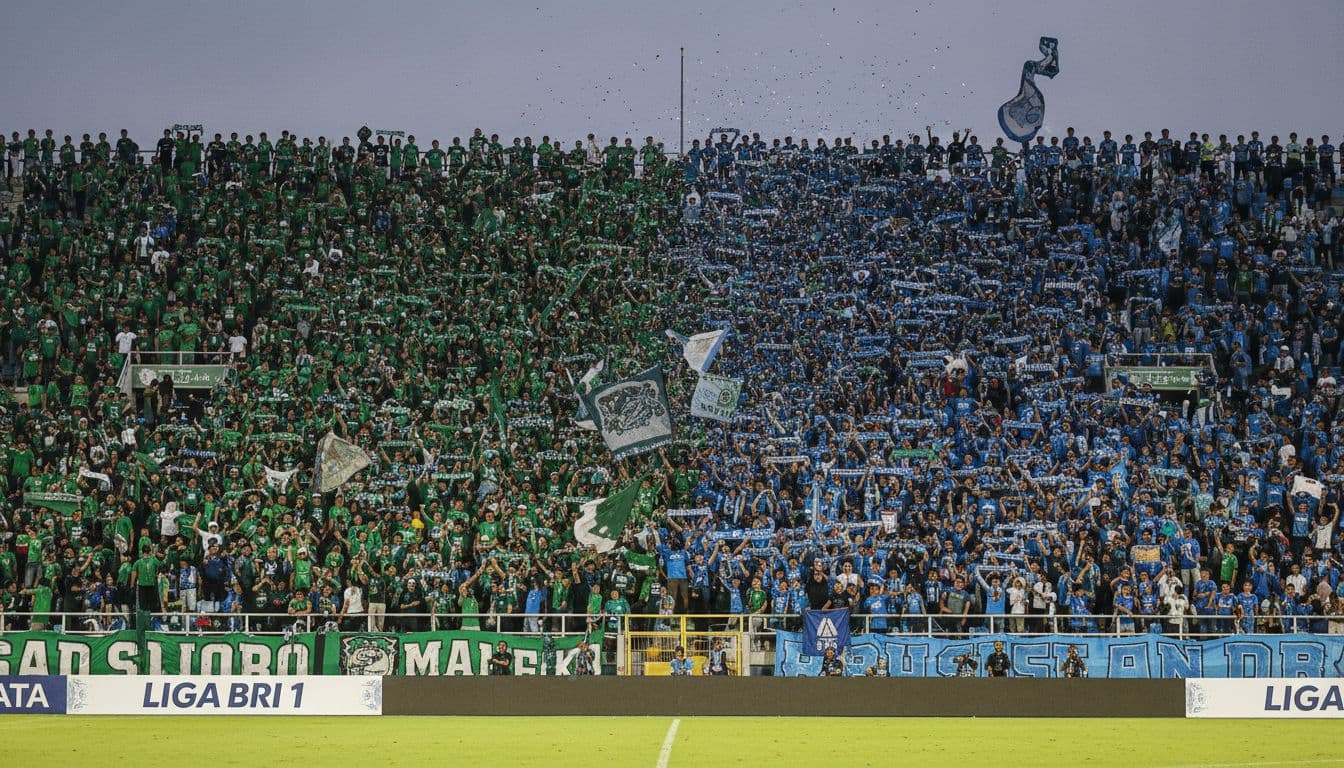 Packed stadium with cheering fans in green and blue sections under evening floodlights.