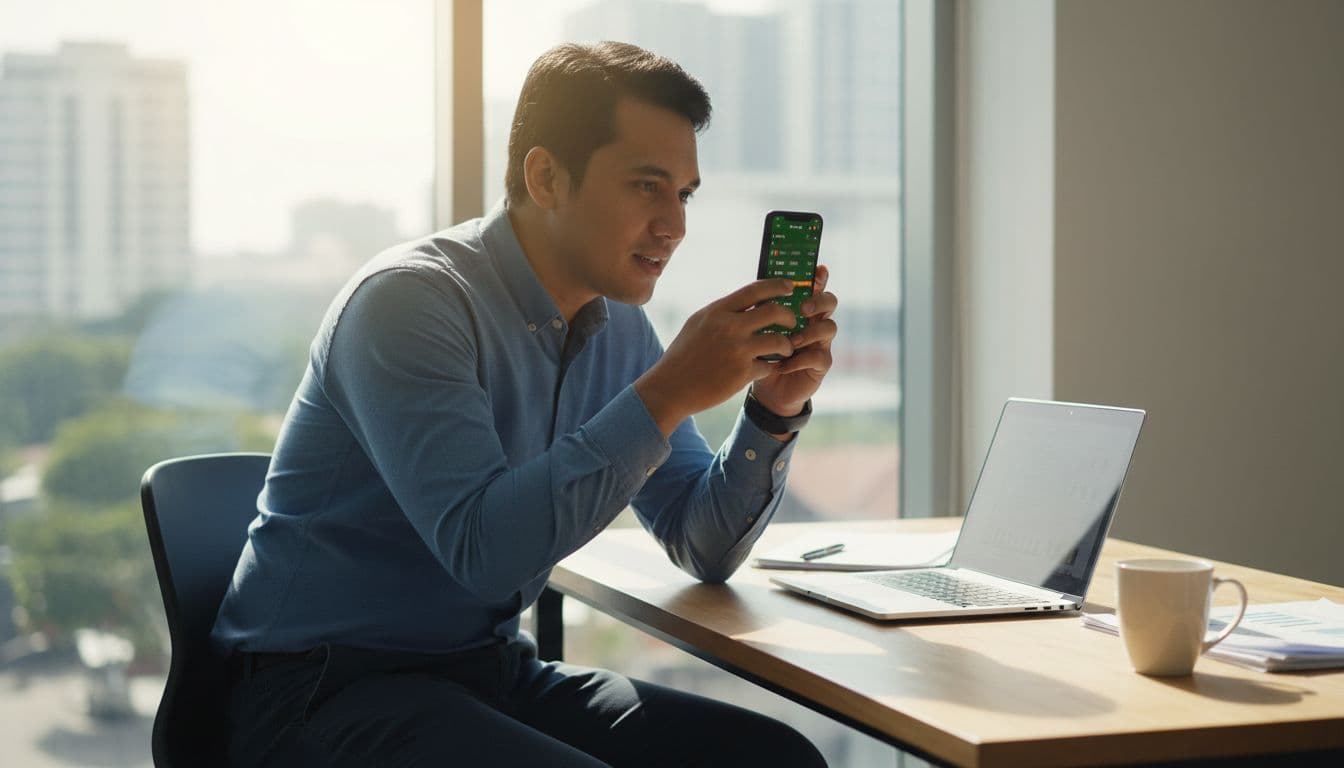 A busy Indonesian office worker in casual business attire holds a smartphone displaying a soccer livescore app with vaguely visible updating match scores, seated at a desk with a laptop and coffee mug under natural window light in a realistic photo style.