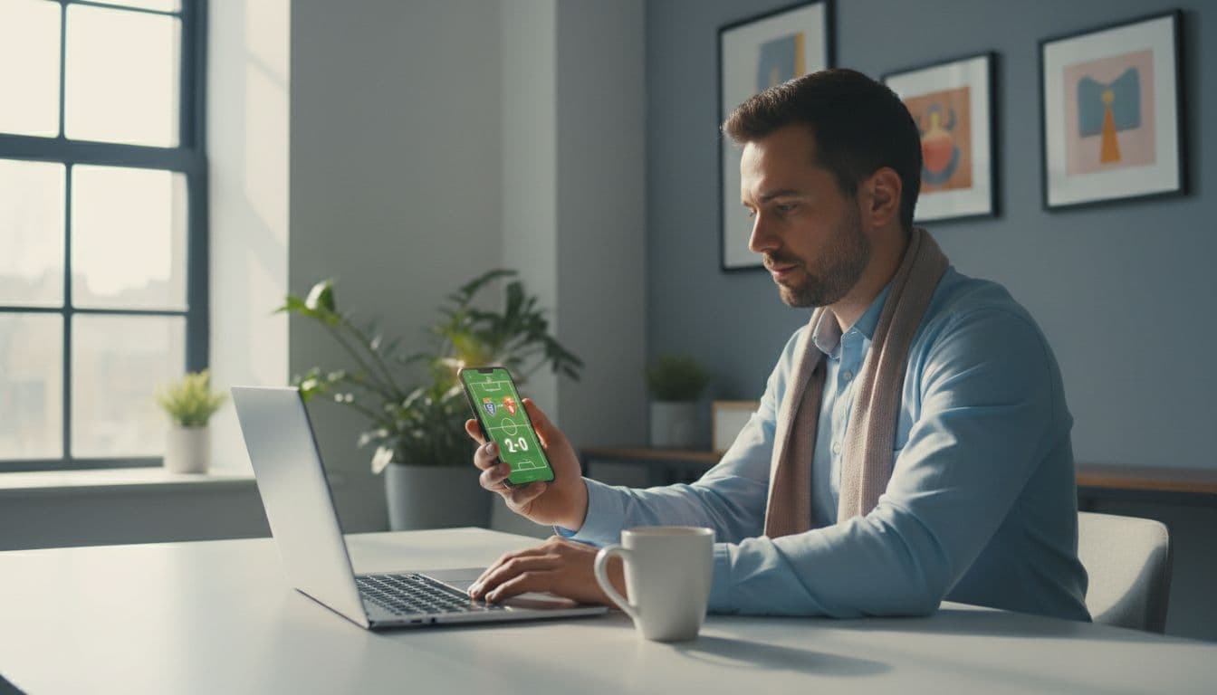 A busy soccer fan in a modern office glances at a smartphone notification showing a live soccer score update, with laptop and coffee on the desk under natural window light.