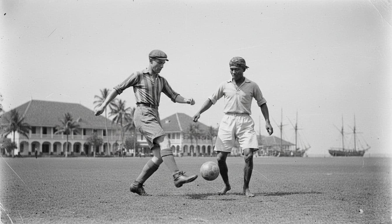 European and Indonesian players in 1920s attire play soccer on grassy field in Batavia, vintage black-and-white photo.