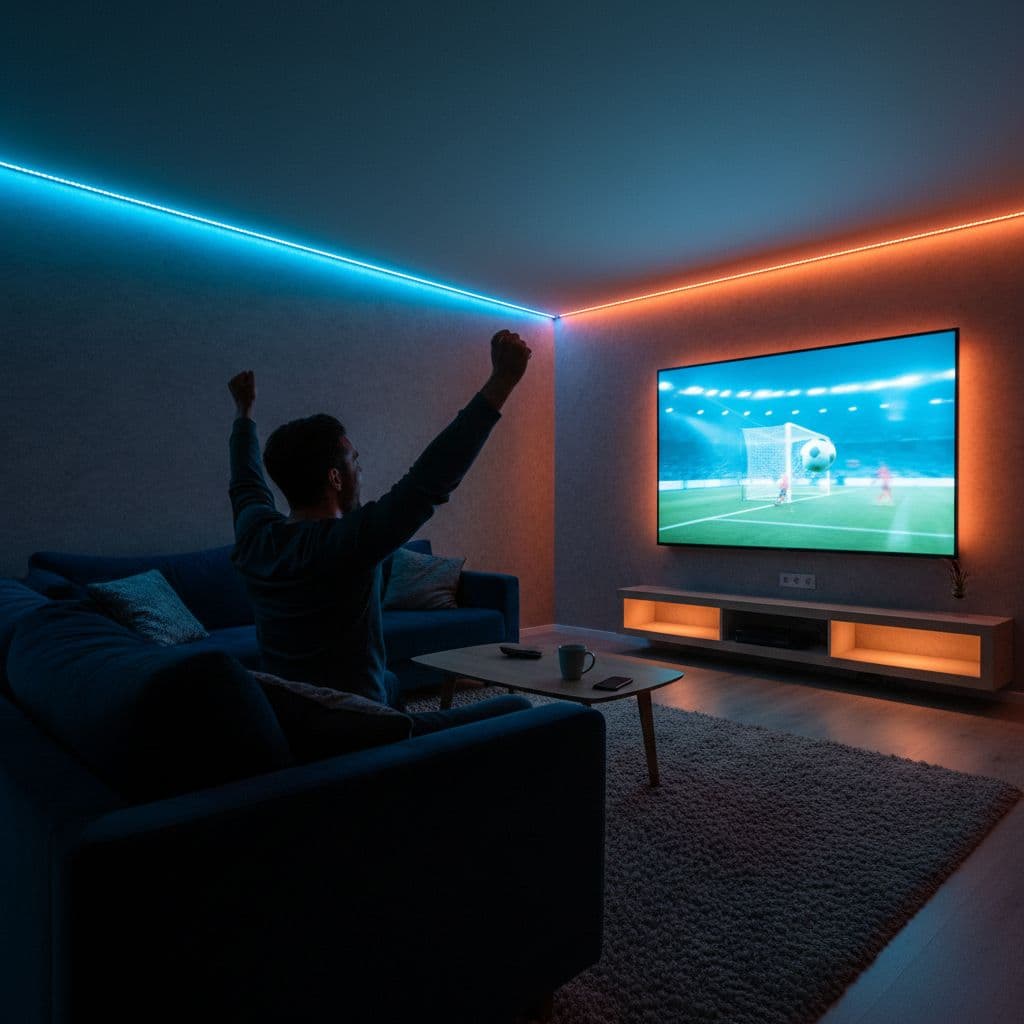 In a dimly lit cozy living room, a person celebrates a sports goal as ambient colorful LED strips flash team colors in perfect sync with the action on a large nearby screen, highlighting integrated smart home technology.