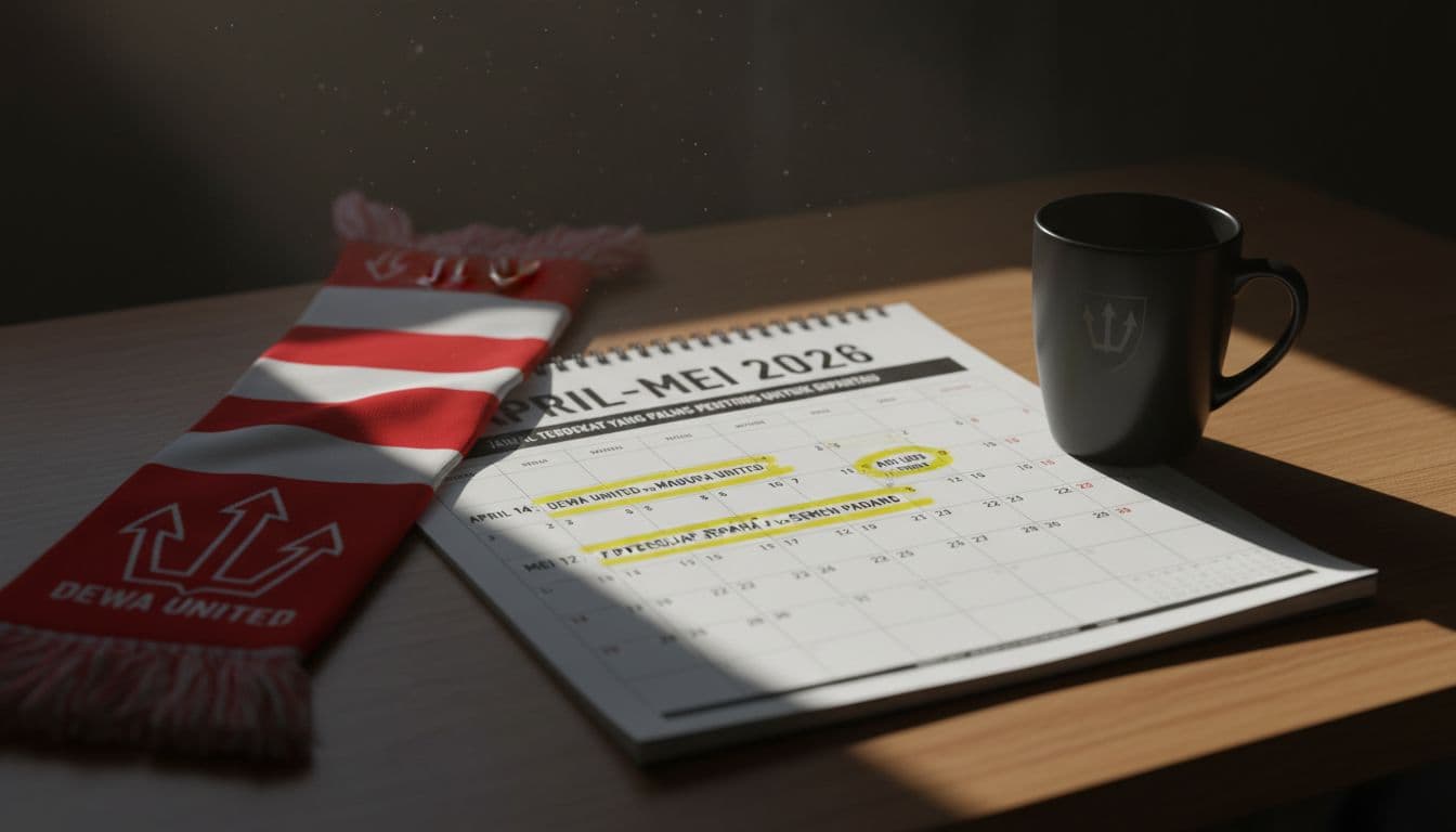 Close-up of calendar page highlighting Dewa United soccer matches against Madura United, Persijap Jepara, and Semen Padang on a desk with scarf and mug.