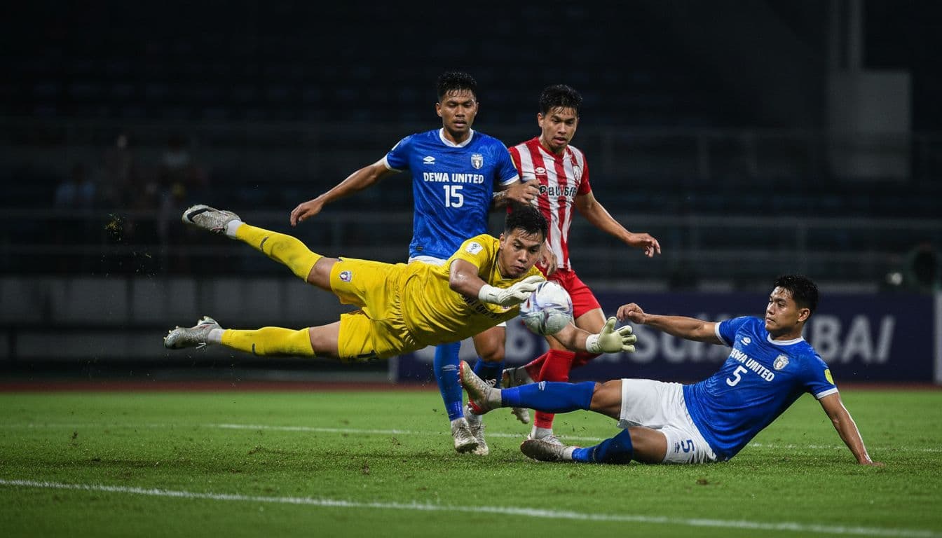 Sonny Stevens dives for save as Nick Kuipers and Cassio Scheid block shot in penalty box under night stadium lights.