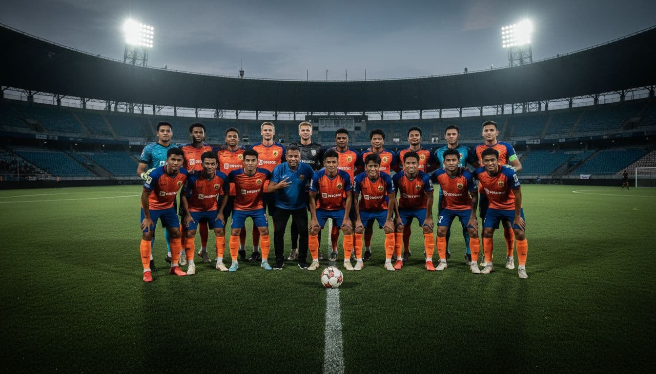 Dewa United FC squad of 20 players and coach huddles relaxed on green field at Banten International Stadium under floodlights.