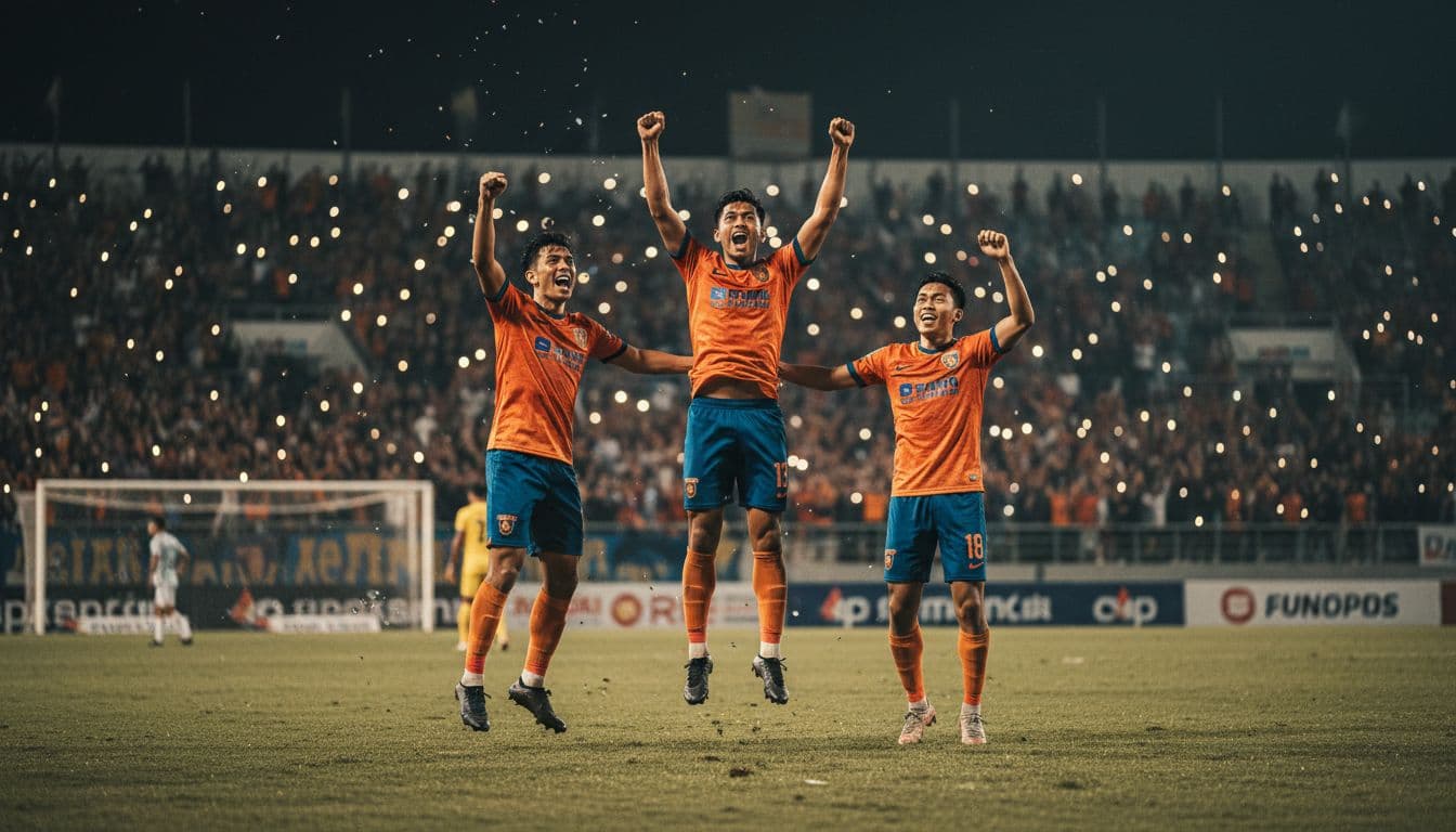 Three Dewa United players jump with arms raised celebrating a goal on a floodlit night stadium field, crowd cheering behind.