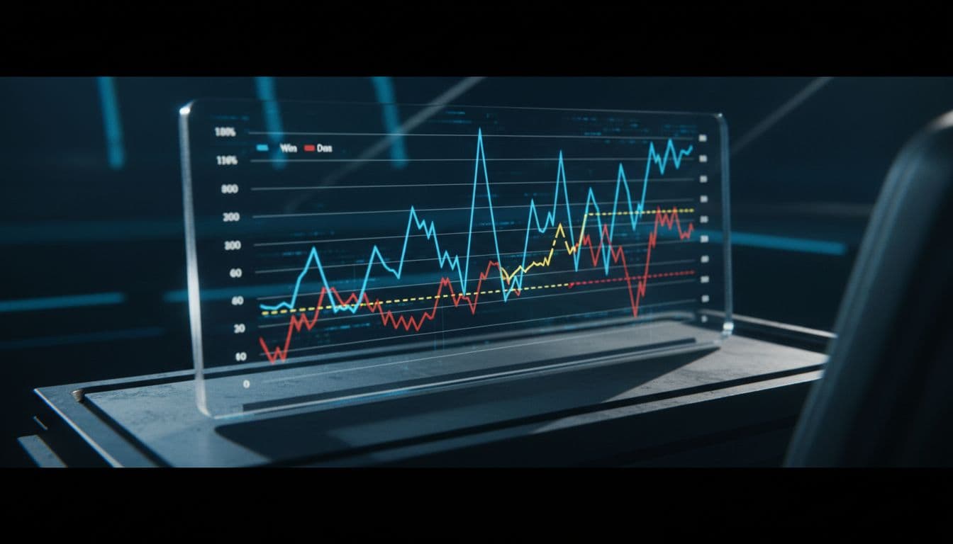 Trend lines for wins, draws, and losses rise then fluctuate on a cinematic digital display.
