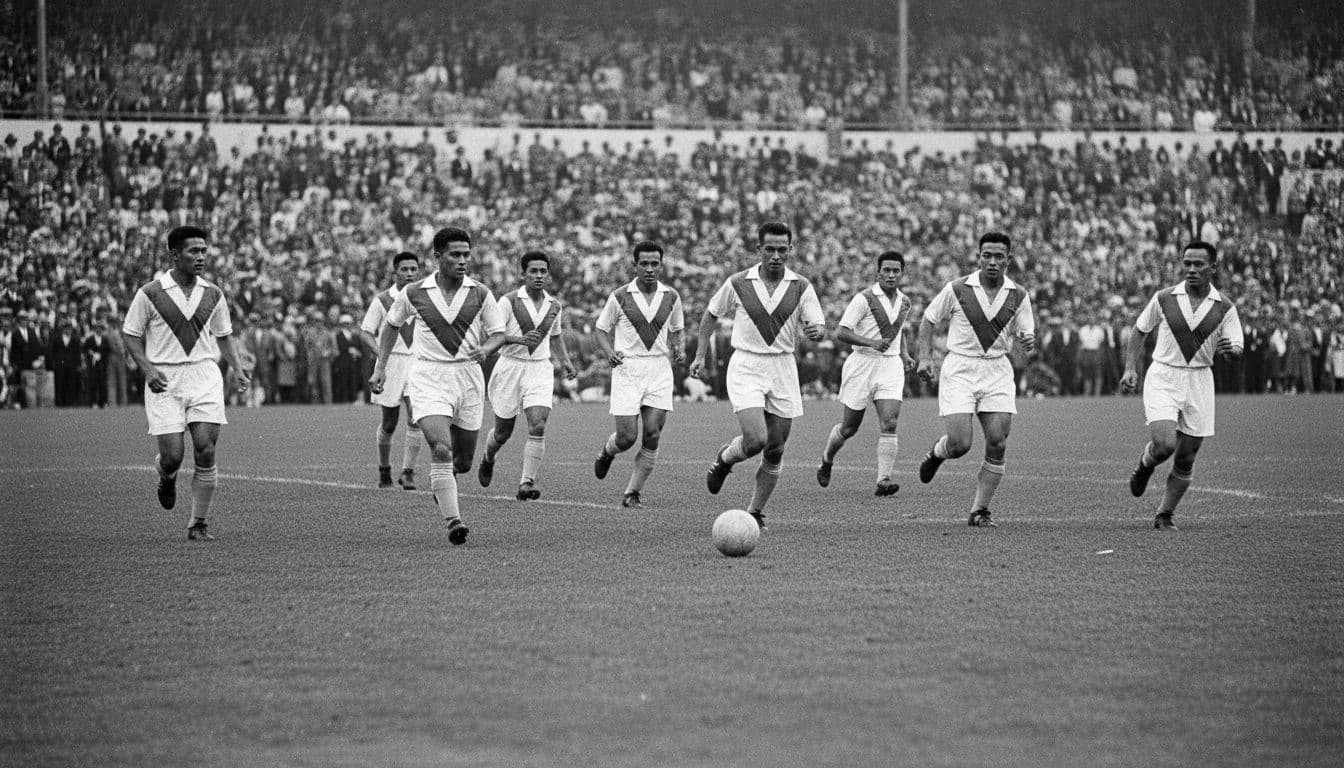 Black-and-white 1930s photo of Dutch East Indies team in white jerseys with red accents playing Hungary on stadium green field with crowd.