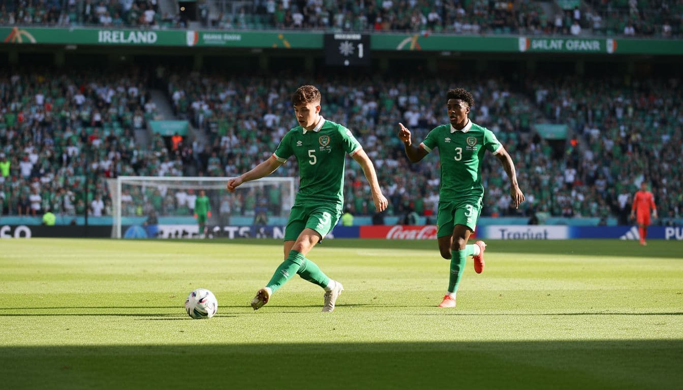 Young Republic of Ireland forwards Evan Ferguson and Adam Idah in green jerseys during a World Cup qualifier match, one shooting on goal while the other supports, in a stadium under bright daylight.