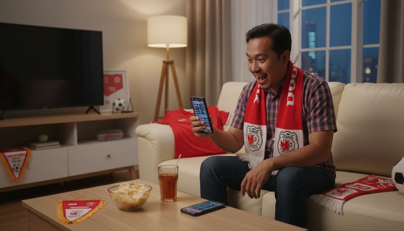 Indonesian soccer fan in cozy evening-lit room excitedly views blurred smartphone screen for live score.