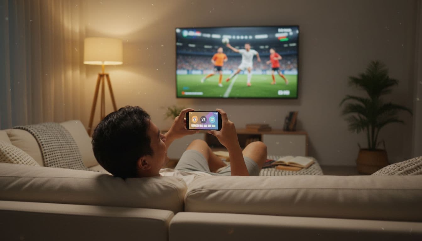 An excited Indonesian soccer fan in casual home clothes sits relaxed on a couch, holding a smartphone with a vague score prediction interface, smiling with anticipation in a cozy living room with blurred TV match preview and warm lamp light.