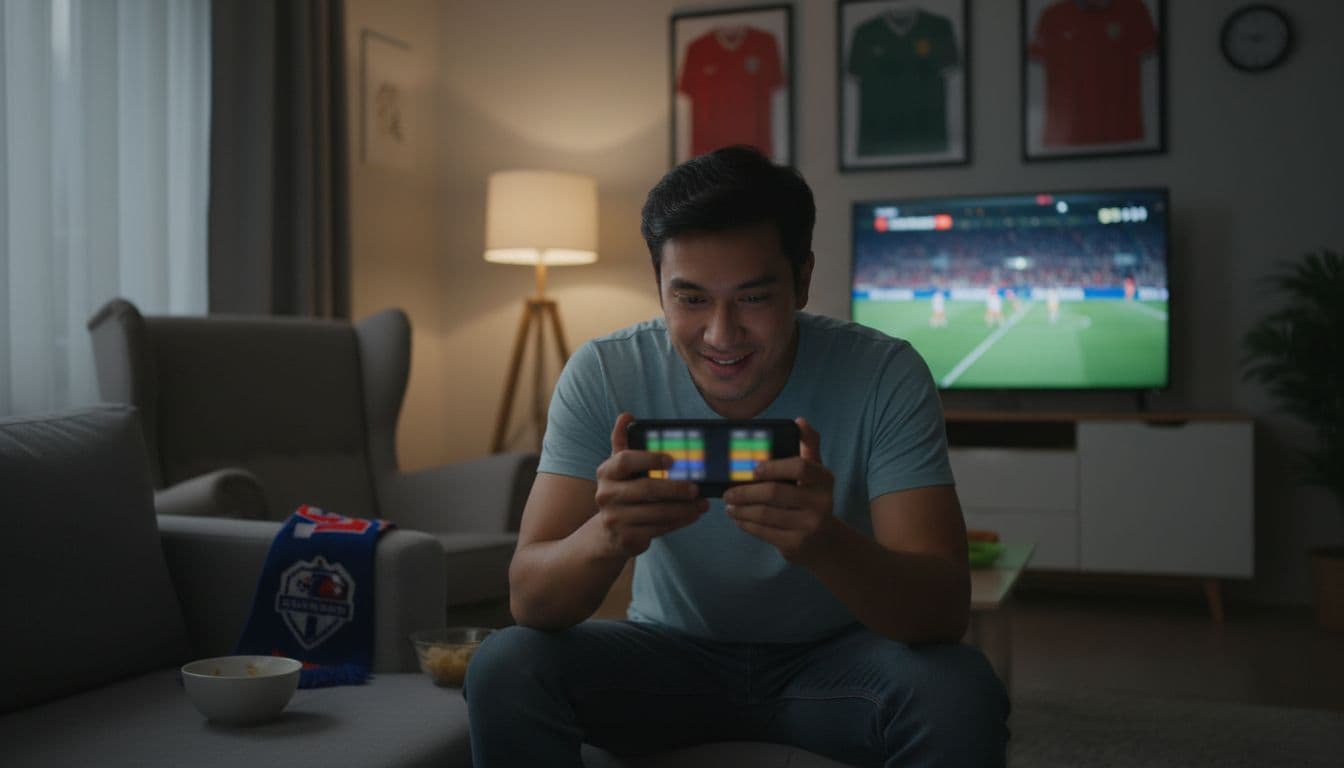Soccer fan with excited expression checks blurred phone screen in cozy evening room.