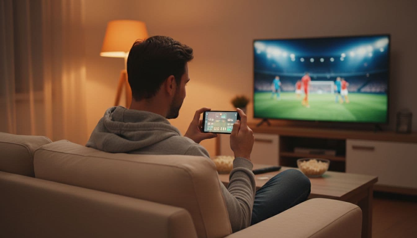 An excited soccer fan in casual clothes sits on a couch in a cozy living room, holding a smartphone displaying a score prediction interface, with tense anticipation and a slight smile, TV showing blurred match preview in the background under warm lamp light.