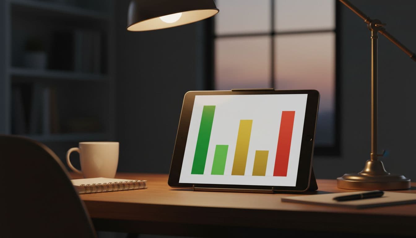 Tablet on cluttered desk shows bar chart of football team's five matches: three green wins, yellow draw, red loss.