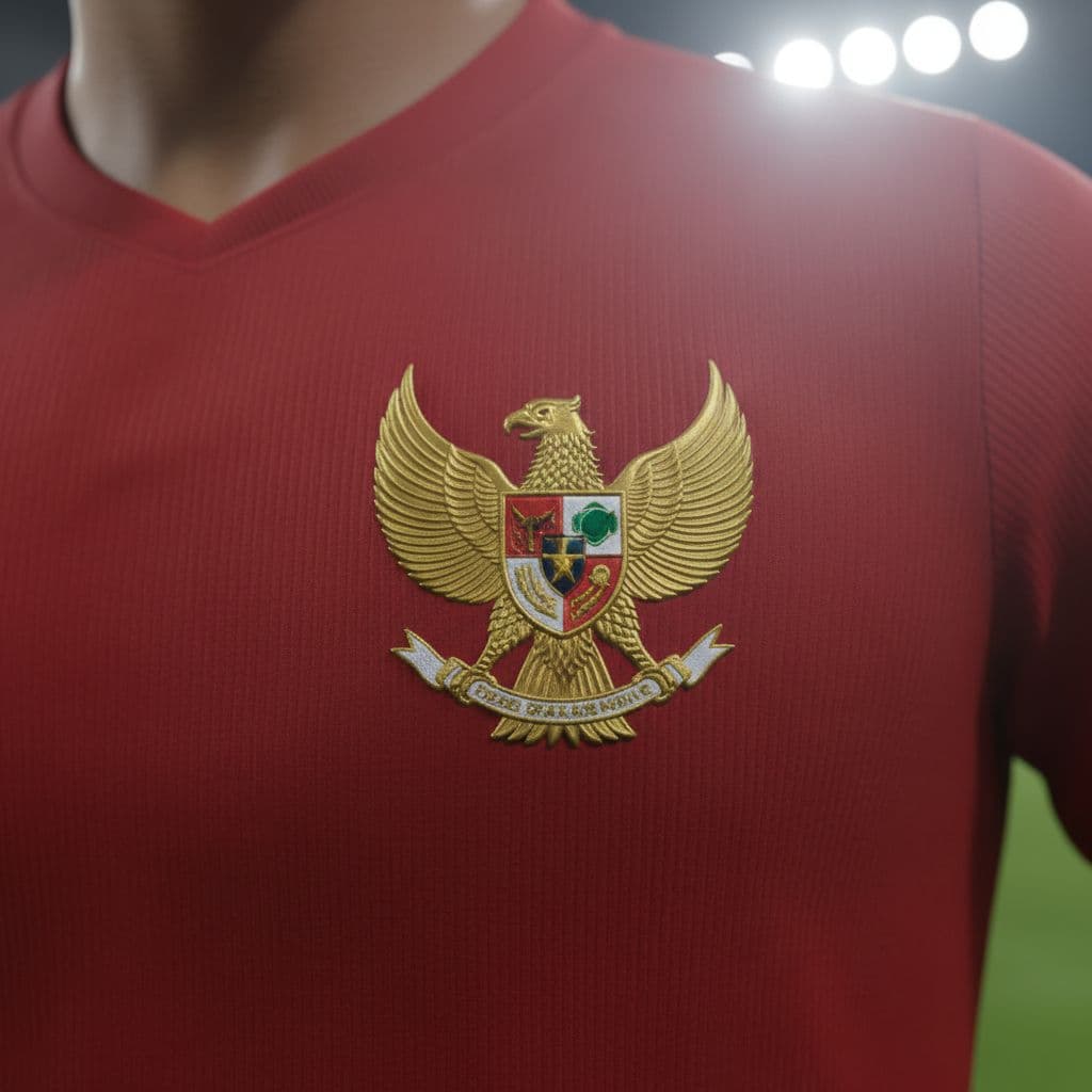 Close-up of golden Garuda emblem on Indonesian national football jersey chest, blurred green field and stadium lights behind.