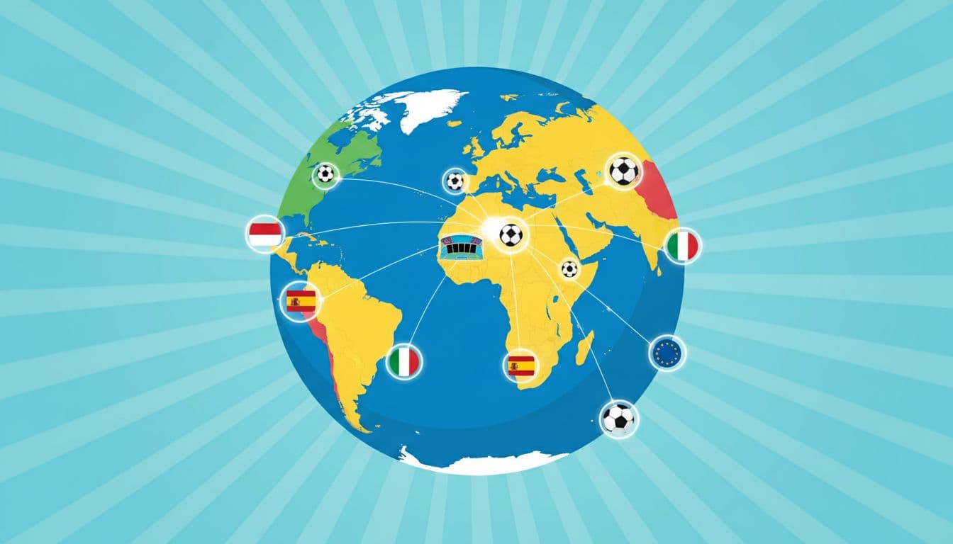 Vibrant globe on world map highlights soccer leagues in Indonesia, England, Spain, Italy, Europe with ball, stadium, flag icons.