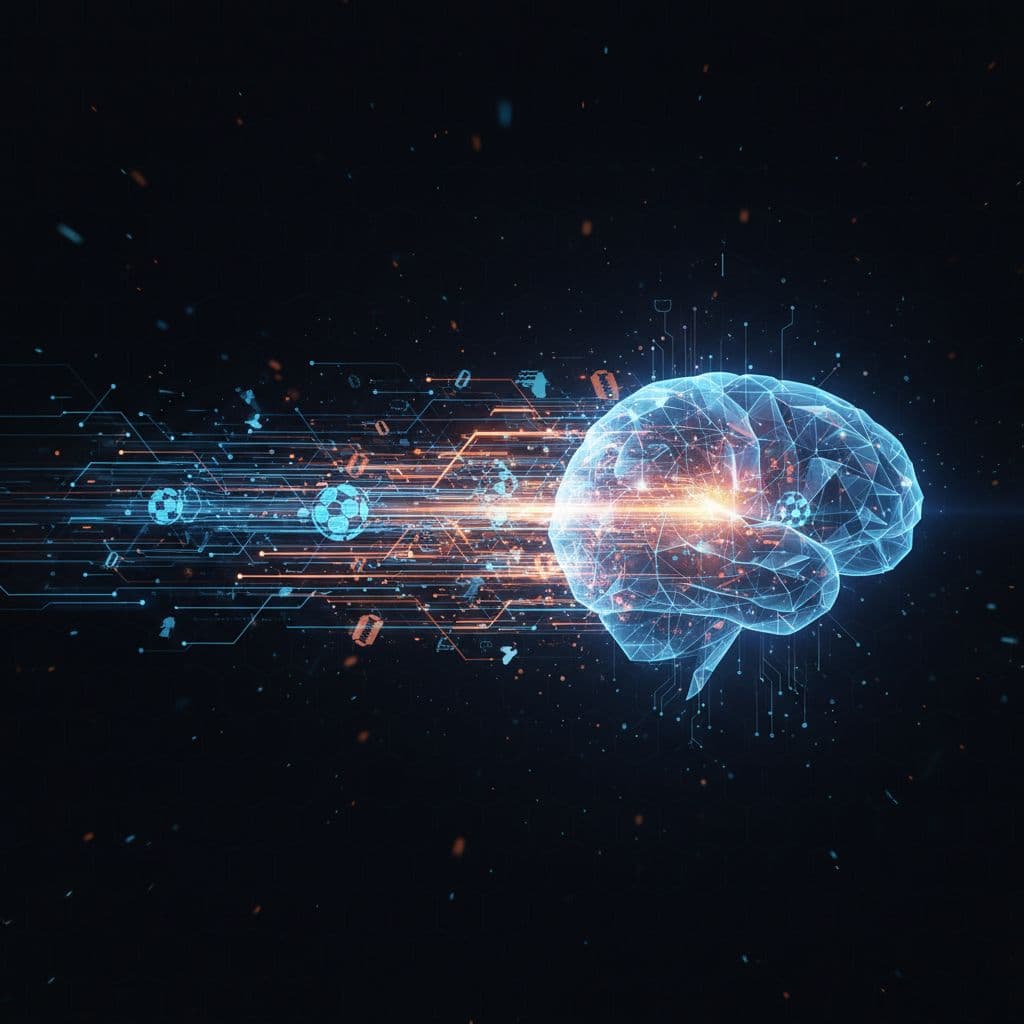 A stylized depiction of a very fast-moving, glowing football data stream being absorbed by a stylized brain or central processing unit, symbolizing AI analysis of match data. High-tech, abstract aesthetic with blue and orange light trails, zero text, very clean rendering.