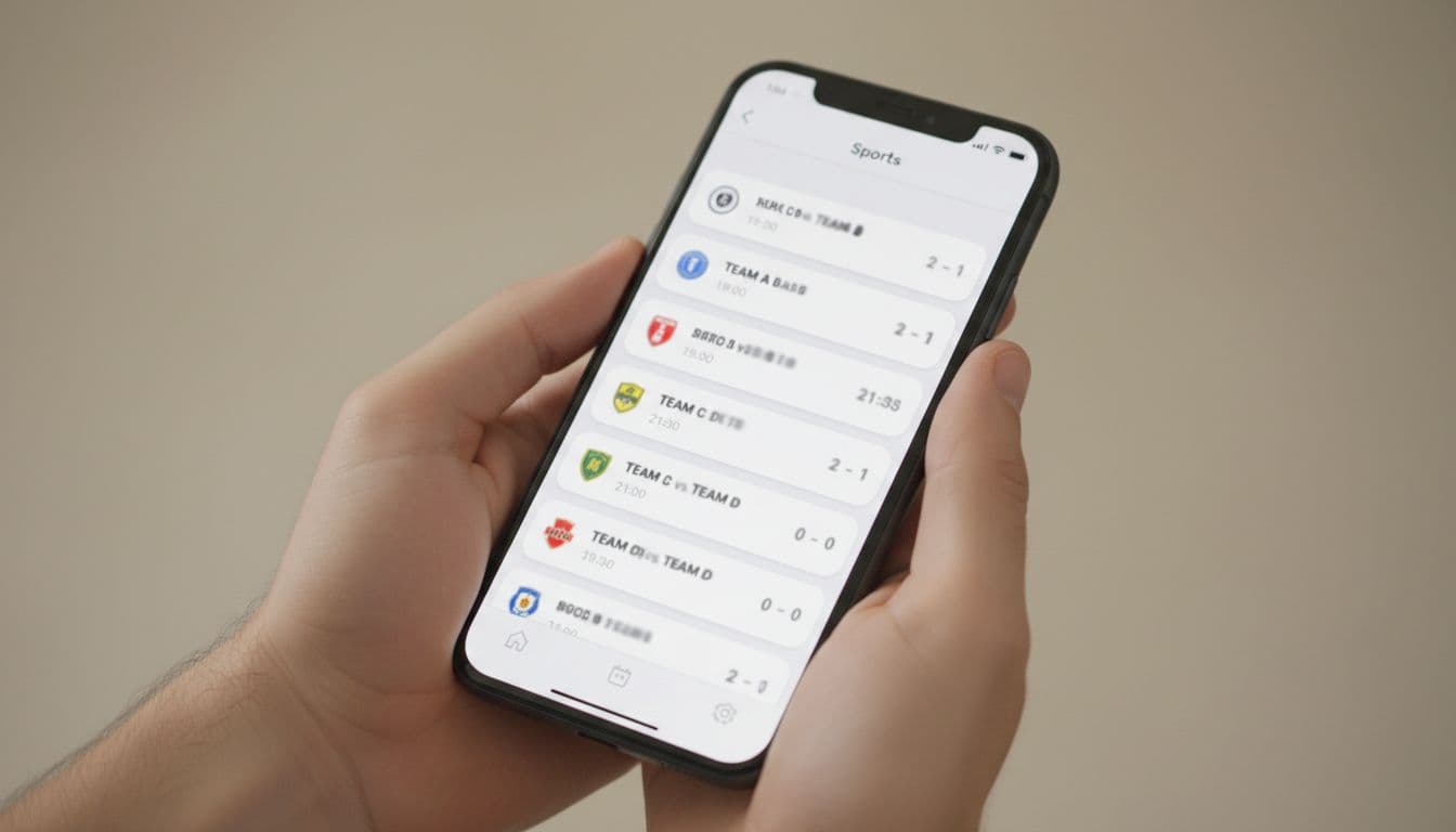 Smartphone held in two hands displaying a clean, organized list of multiple soccer matches from various leagues with kick-off times and vague scores on a simple modern app interface, angled slightly against a neutral background with soft lighting.