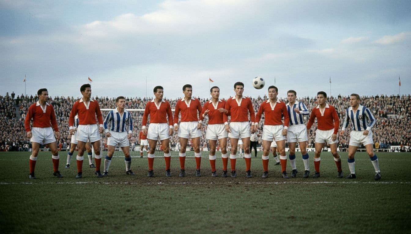 Indonesian players in red jerseys defend against Soviet Union on field during 1956 Melbourne Olympics match.