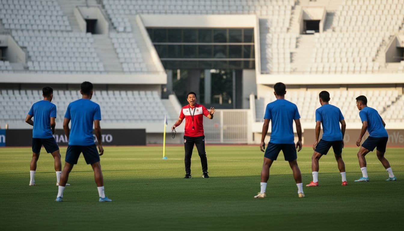 Asian coach in tracksuit directs players from behind on green training field, modern stadium background, sunny day.