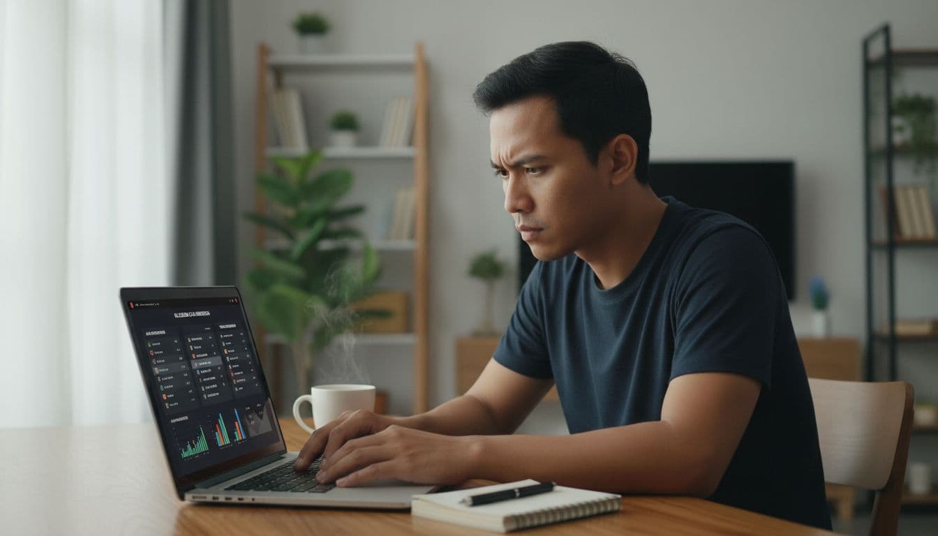 Indonesian fan focused on laptop screen showing abstract soccer standings, schedule, and top scorers charts at desk with coffee in natural daylight.