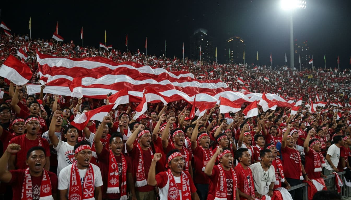 Packed stadium stands filled with Indonesian football supporters waving red and white flags and scarves under night lights.