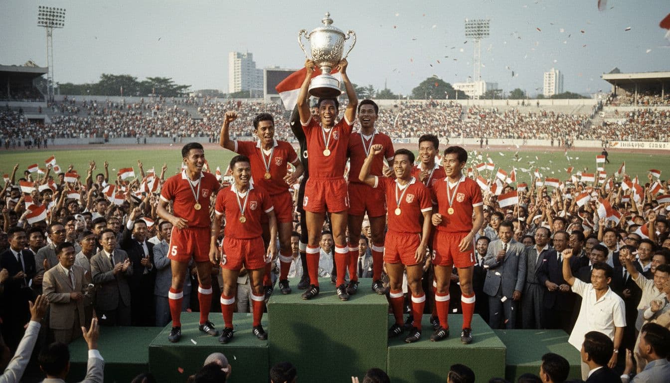 Eleven Indonesian players in red jerseys hold trophy on podium during medal ceremony, crowd cheers.