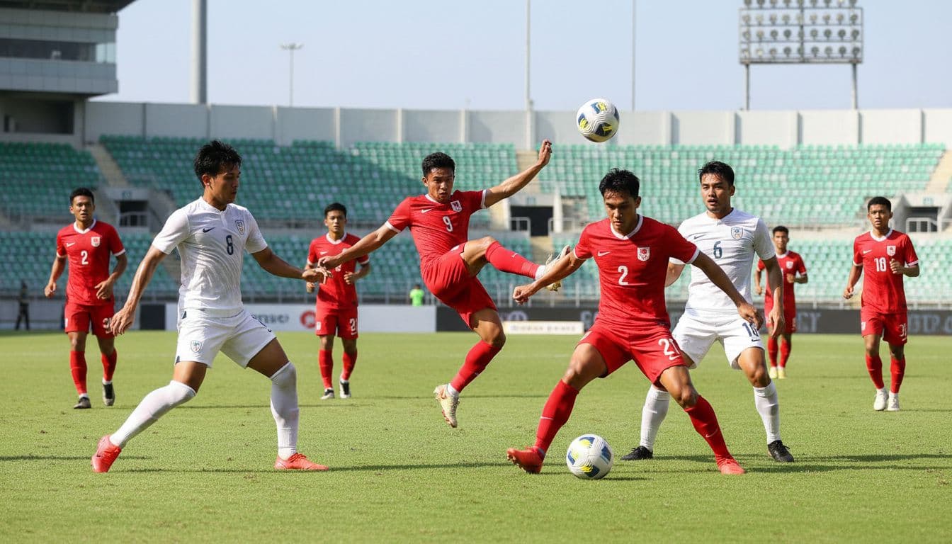 Indonesian footballers in red jerseys dribble past defenders and pass in midfield on green stadium pitch.