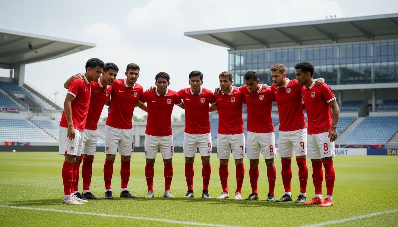Eleven diverse Indonesian players in red jerseys huddle united on green pitch in modern stadium.