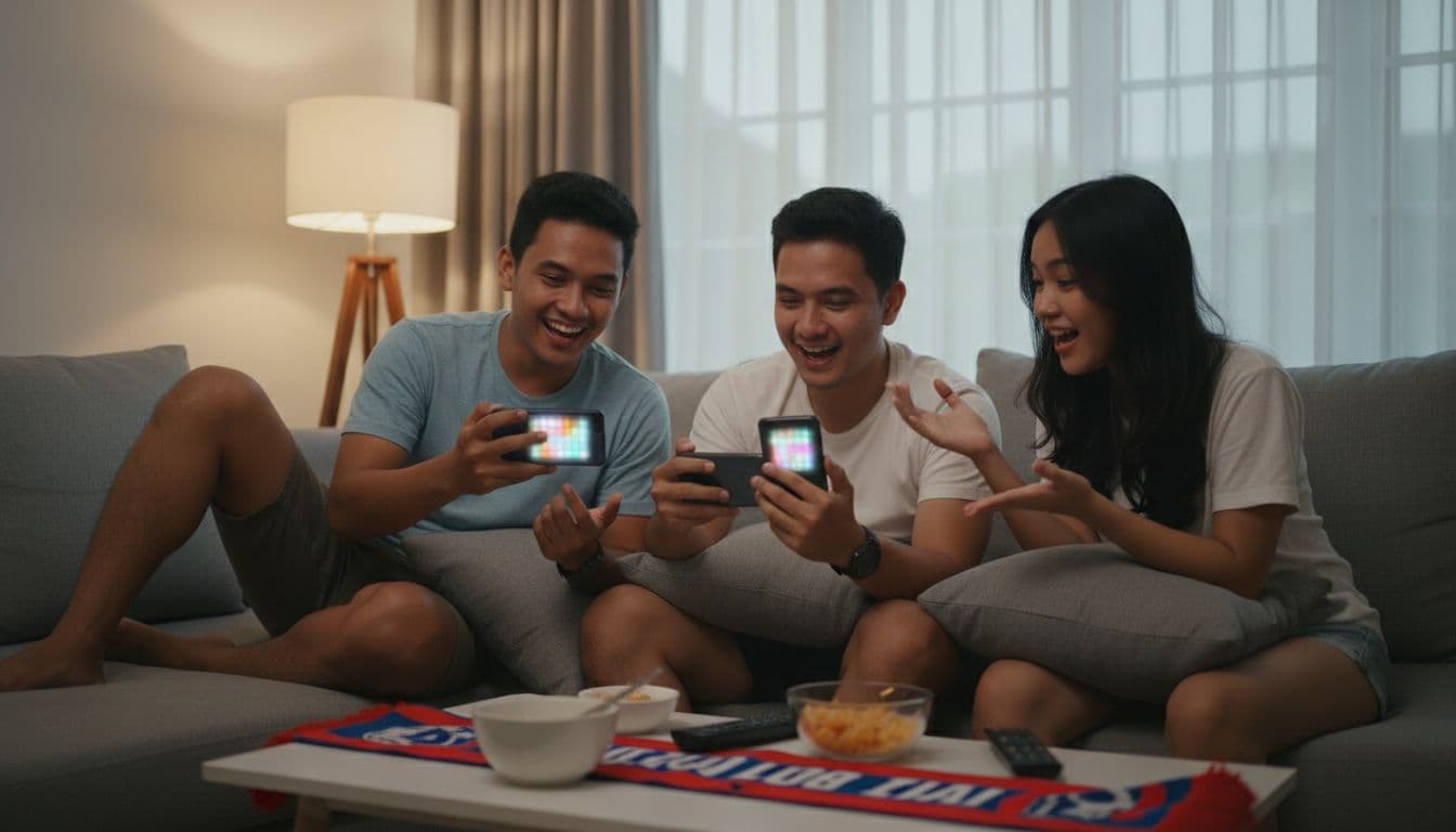 Three Indonesian friends in a living room casually check phones and discuss soccer scores.