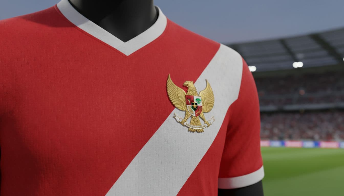 Close-up of red and white Indonesian football jersey with Garuda emblem on chest and blurred stadium background.