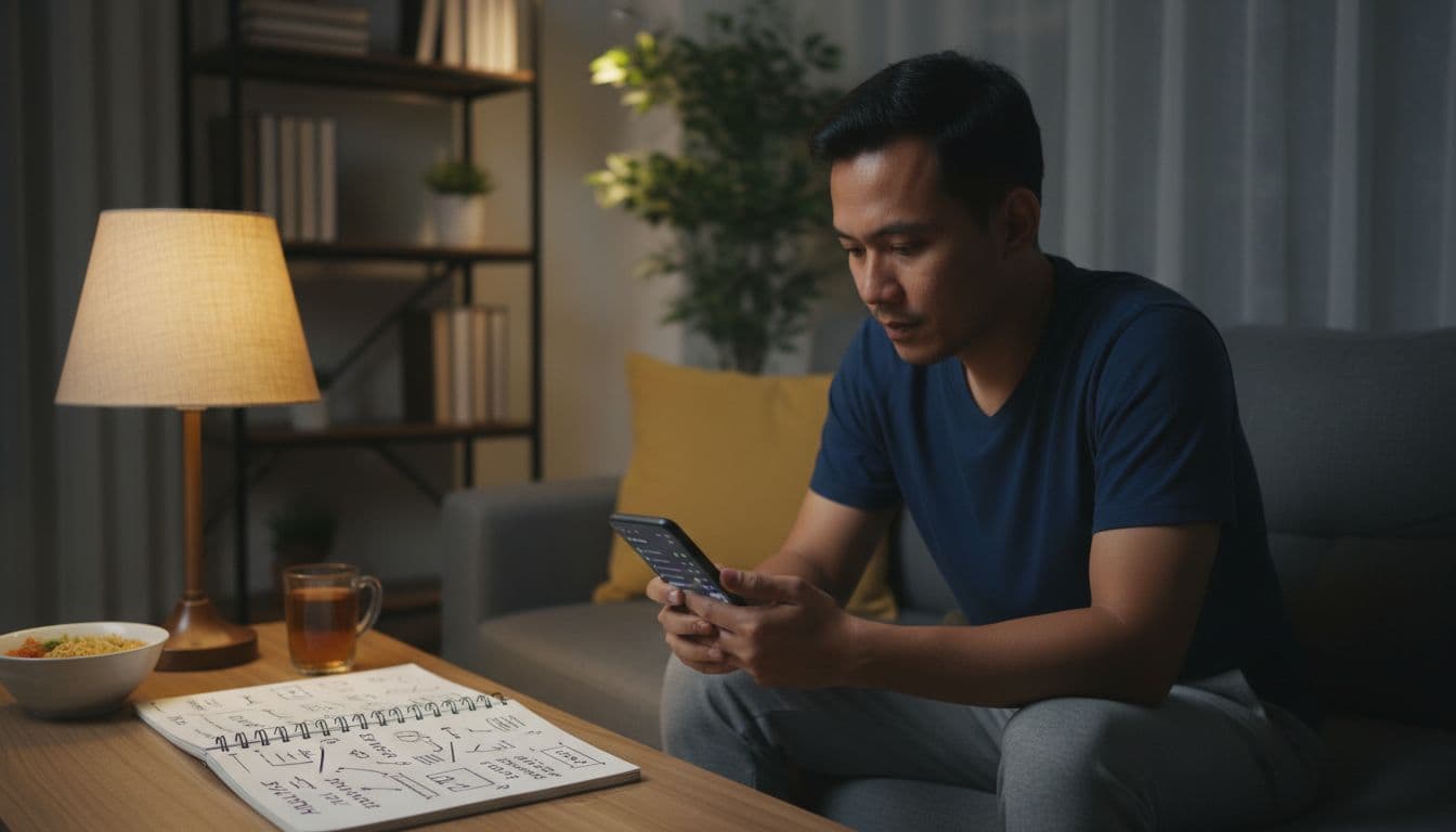 A focused Indonesian soccer fan in a casual evening home setting holds a smartphone displaying a vague livescore app at an angle, with an open notebook nearby containing simple notes on leagues and teams, under warm lamp light.