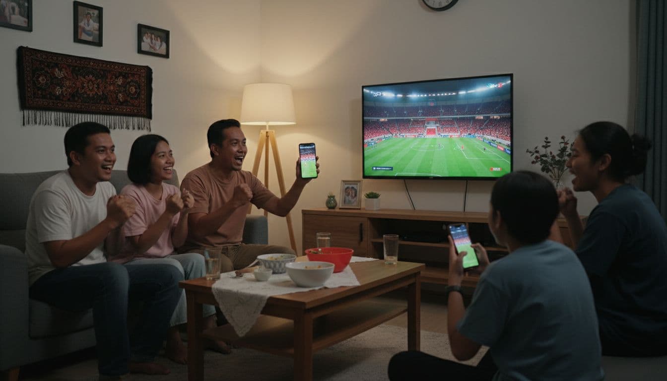 Four diverse Indonesian soccer fans, two adults and two teens, in evening living room watch matches on TV and phone.