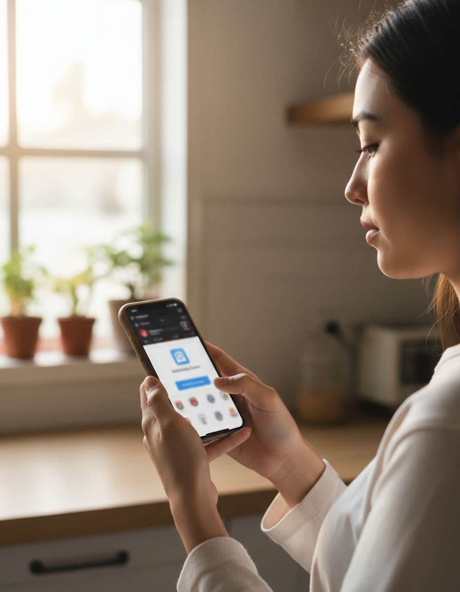 Indonesian young woman in bright kitchen holds smartphone, adding soccer livescore PWA to home screen with blurred prompt.