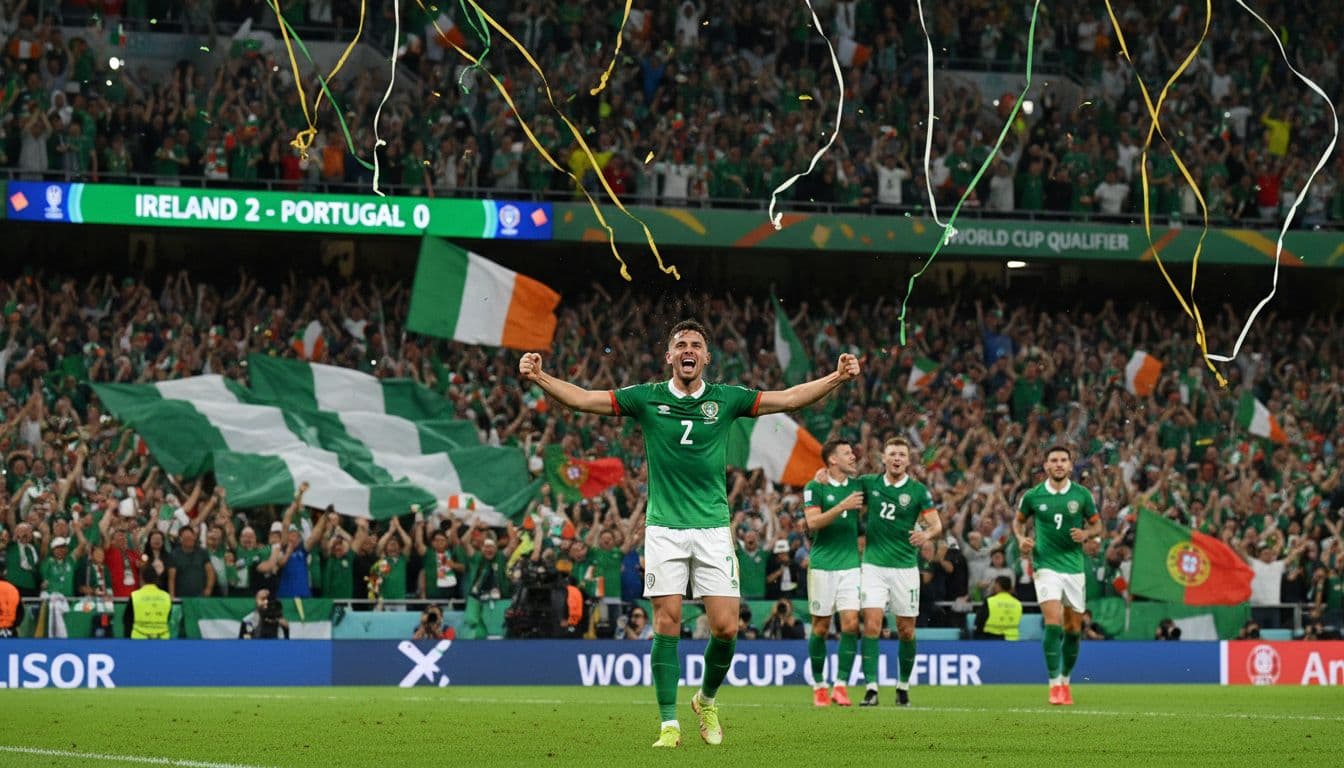 Irish football players in green jerseys celebrate a 2-0 victory over Portugal in a packed stadium during a World Cup qualifier, with one main player raising arms in joy amid cheering fans and night lights.