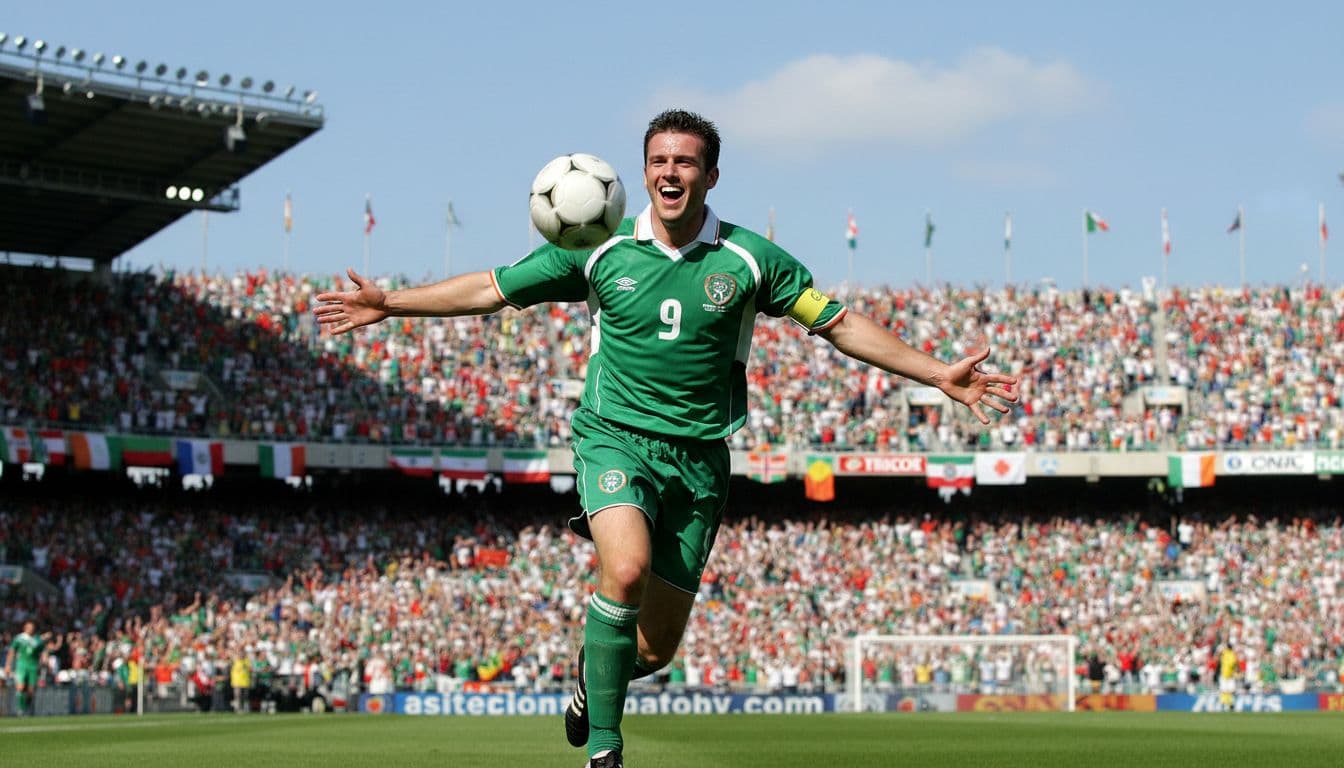 Republic of Ireland national football team players in green jerseys celebrating during their 2002 World Cup match against Cameroon, stadium crowd in background, dynamic action shot under daylight with exactly one main player visible with ball.