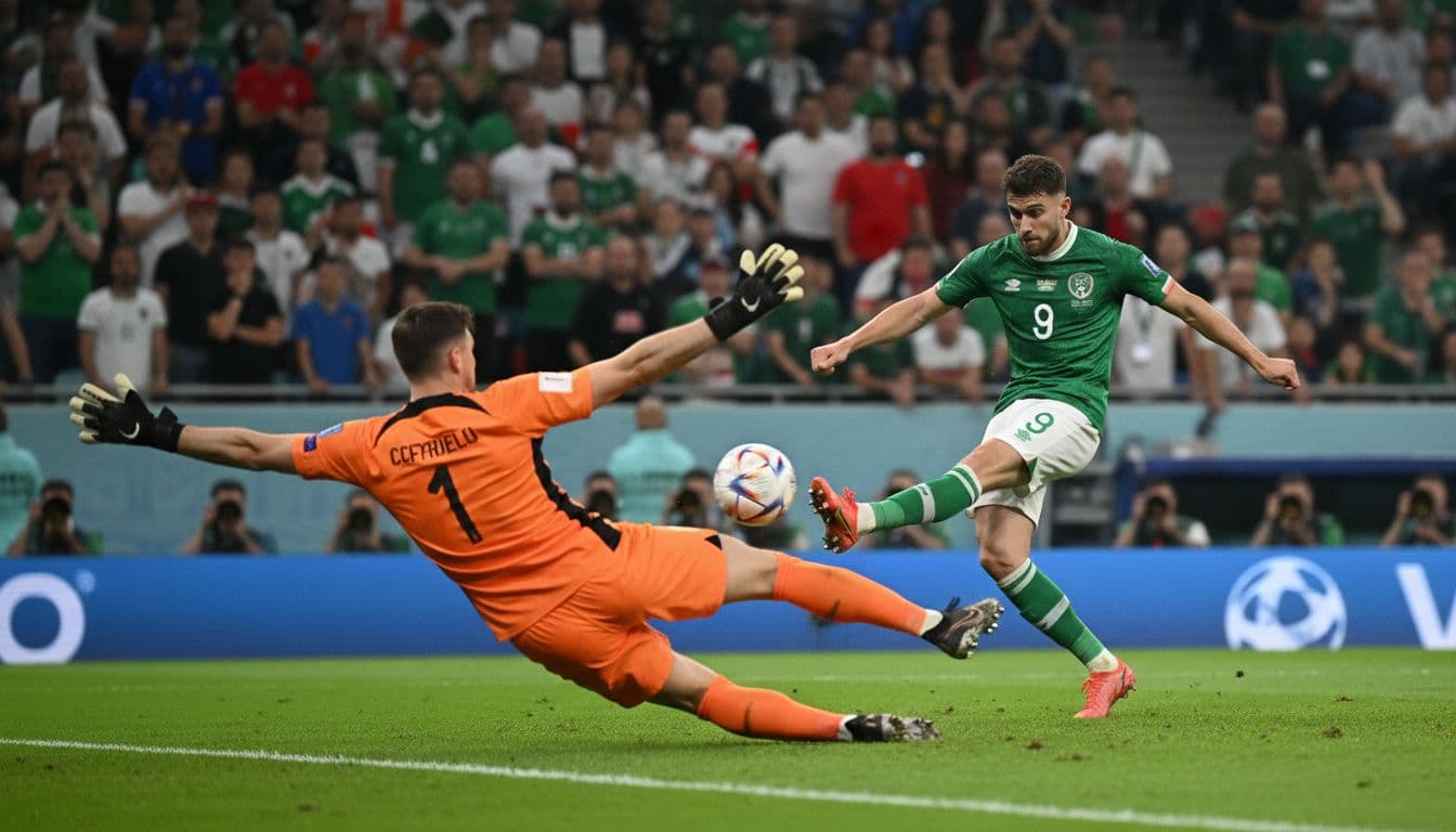 Close-up of an Irish player kicking a crucial penalty under night stadium lights during the 2026 World Cup qualifier semifinal against Czech Republic, with tense fans in the background and goalkeeper poised to save.
